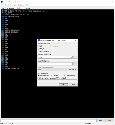 The J-Link Viewer application showing the appropriate settings and print statments